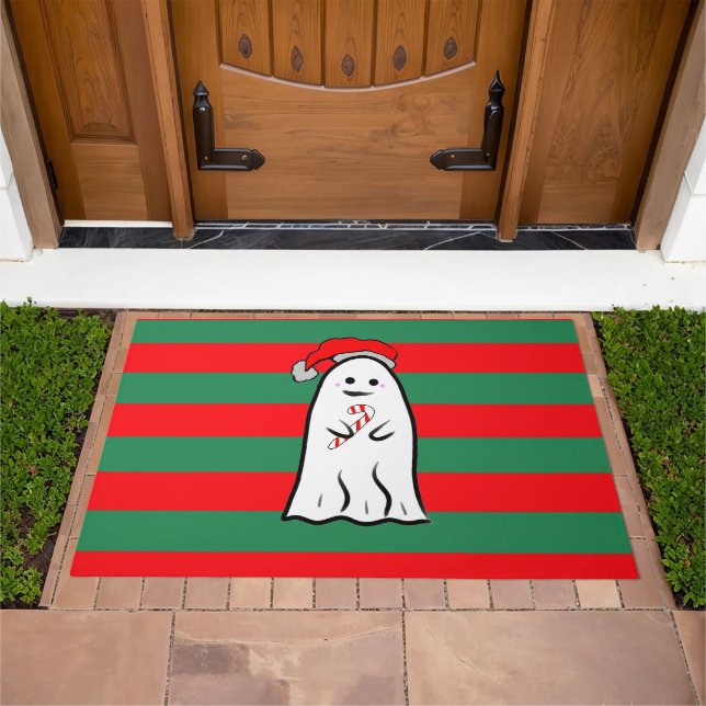 Christmas Ghost on Red and Green Stripes Doormat (Outdoor)
