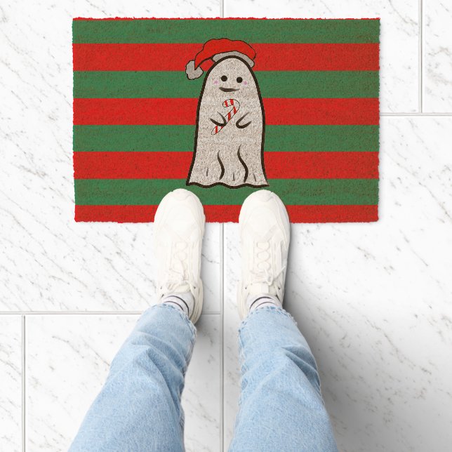 Christmas Ghost on Red and Green Stripes Fiber Doormat (Insitu)