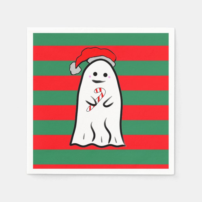 Christmas Ghost on Red and Green Stripes Napkins (Front)