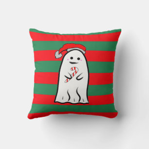 Christmas Ghost on Red and Green Stripes Throw Pillow