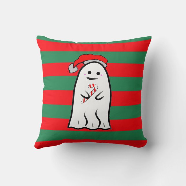 Christmas Ghost on Red and Green Stripes Throw Pillow (Back)