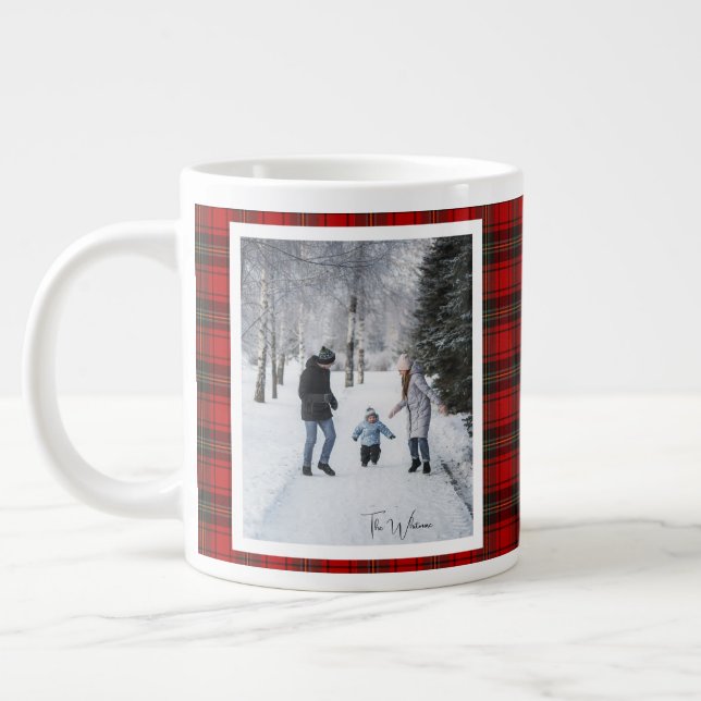 Christmas Gift 2 Photo Trendy Red Plaid Rustic  Giant Coffee Mug (Left)