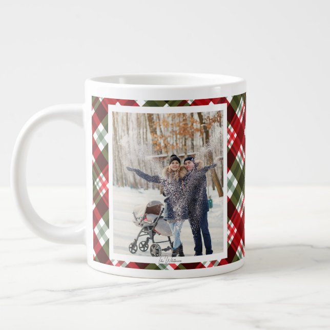 Christmas Gift 2 Photo Trendy Red Plaid Rustic Giant Coffee Mug (Left)