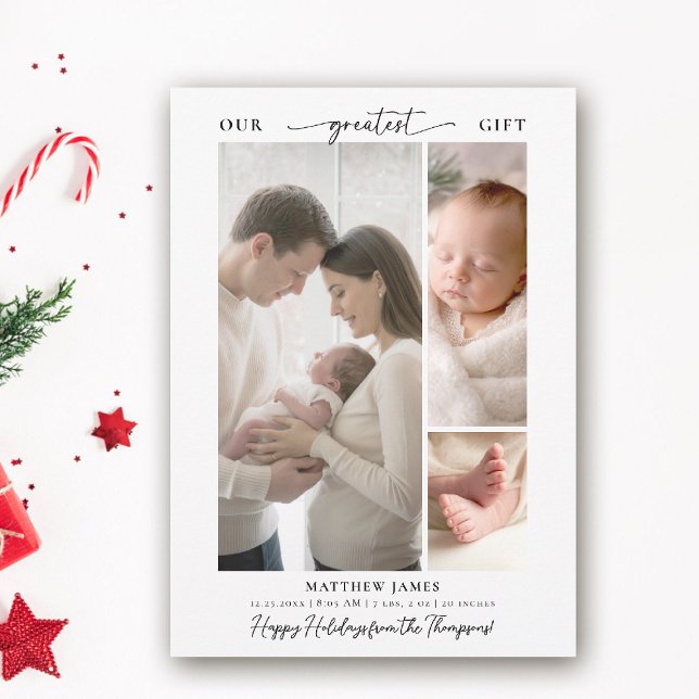 Christmas Gift Above Simple Modern Baby 3 Photo Holiday Card (greatest gift baby christmas card minimalist simple elegant 3 photos calligraphy christian spiritual)