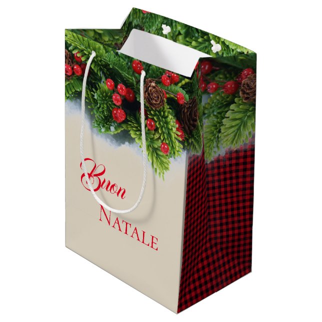 Christmas Gift Bag-Evergreen Buon Natale Plaid Medium Gift Bag (Back Angled)