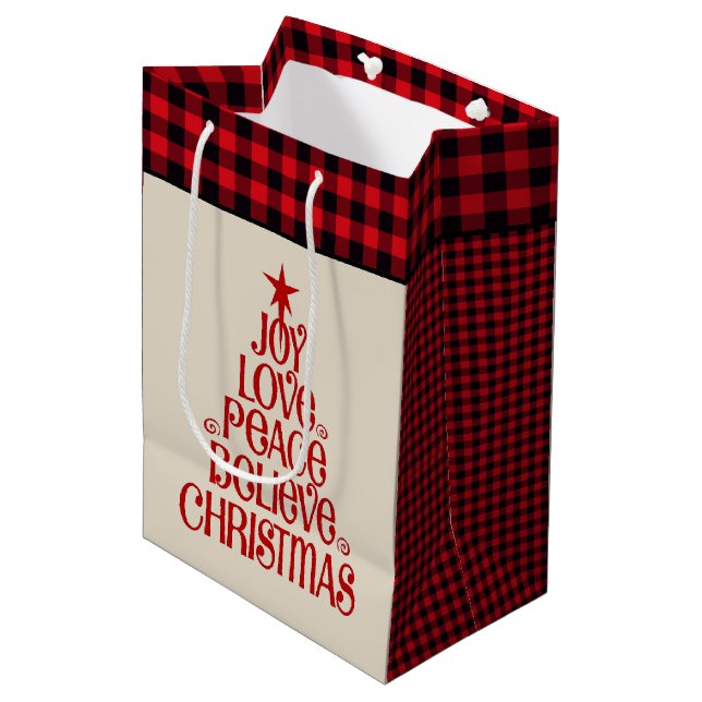 Christmas Gift Bag-Joy Love Peace Believe Plaid Medium Gift Bag (Front Angled)