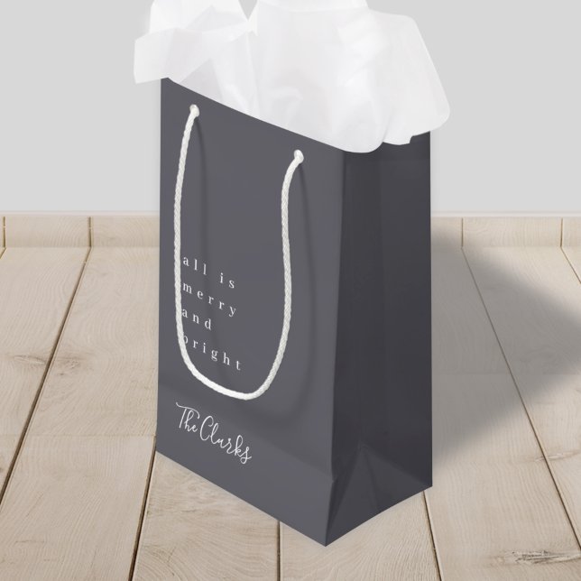 Christmas Gift Bag | Stylish Scandi Slate Gray (Elegant Scandi holiday gift bag with custom family name in slate gray)