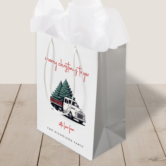 Christmas Gift Bag | Truck Holiday Present Bags (A vintage inspired delivery truck holiday gift bag with retro festive flair)