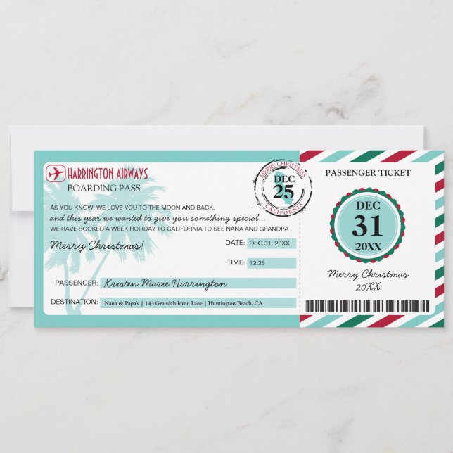 Christmas Gift Boarding Pass to California Invitation (Front)