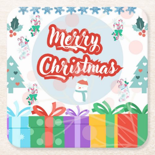 Christmas gift box background Hand_drawn flat des Square Paper Coaster