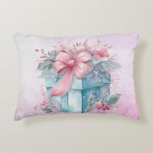 Christmas Gift Box In Pale Blue and Pink Ribbon Accent Pillow