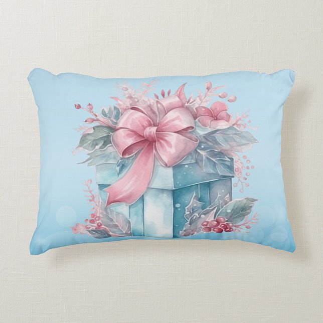 Christmas Gift Box In Pale Blue and Pink Ribbon Accent Pillow (Creator Uploaded)