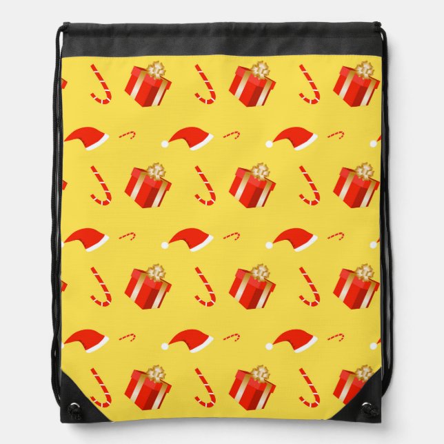Christmas gift box Santa hat candy cane Drawstring Bag (Front)