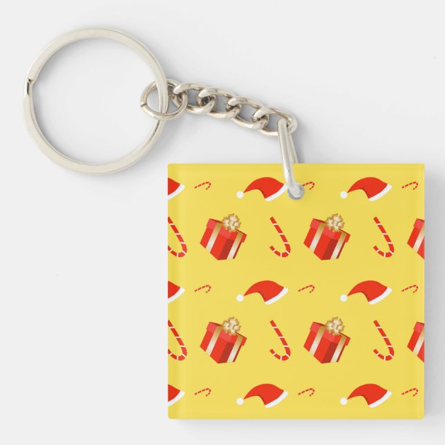 Christmas gift box Santa hat candy cane Keychain (Front)