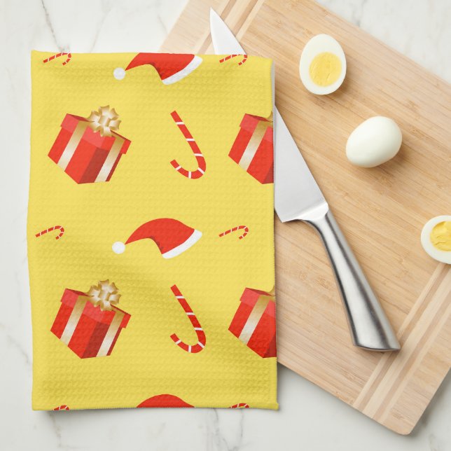 Christmas gift box Santa hat candy cane Kitchen Towel (Quarter Fold)