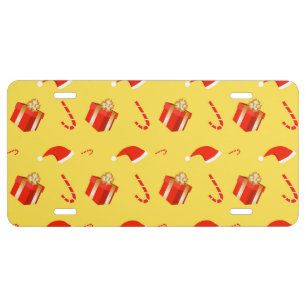 Christmas gift box Santa hat candy cane License Plate
