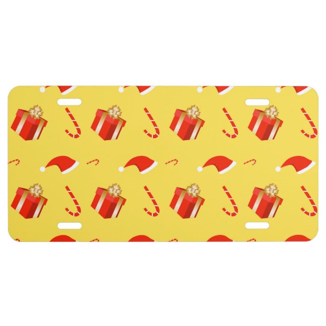 Christmas gift box Santa hat candy cane License Plate (Front)