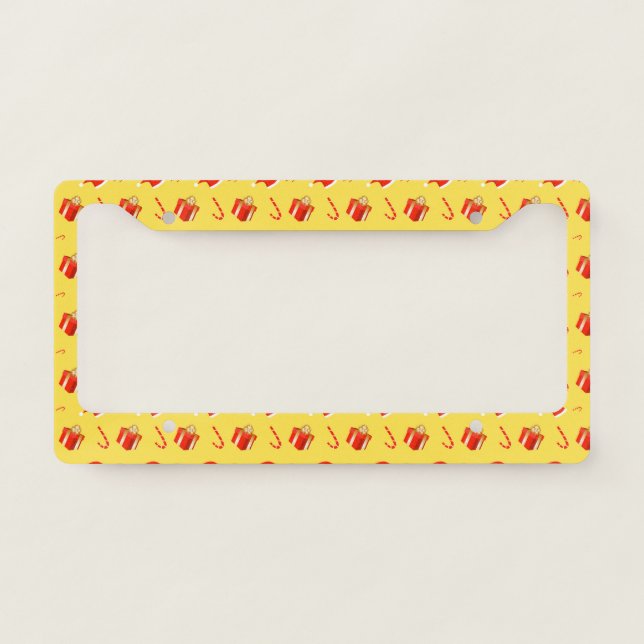 Christmas gift box Santa hat candy cane License Plate Frame (Front)