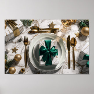 Christmas Gift Box with Green Ribbon on Festive Ta Poster