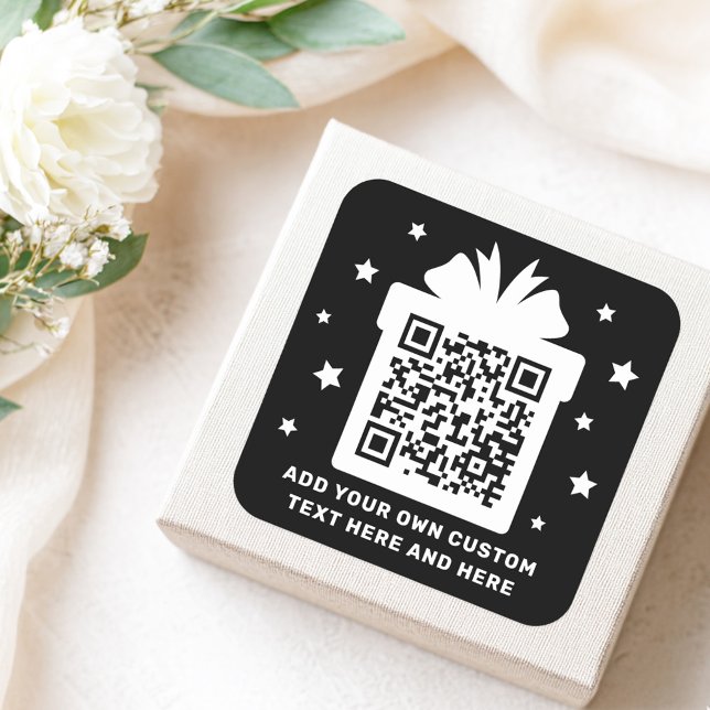Christmas gift box with stars QR code black white Square Sticker (Christmas gift box with stars QR code black white Square Sticker)