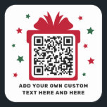 Christmas gift box with stars QR code red white Square Sticker<br><div class="desc">Business QR code stickers featuring your QR code on a red (or custom color) gift box silhouette surrounded by red ( or custom color) stars. Text,  font and colors are customizable. Perfect for directing your customer to a gift or freebie.</div>