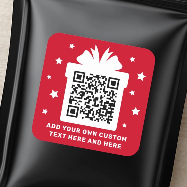 Christmas gift box with stars QR code red white Square Sticker (Christmas gift box with stars QR code red white Square Sticker)