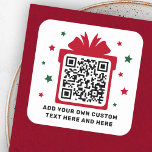 Christmas gift box with stars QR code red white Square Sticker<br><div class="desc">Business QR code stickers featuring your QR code on a red (or custom color) gift box silhouette surrounded by red ( or custom color) stars. Text,  font and colors are customizable. Perfect for directing your customer to a gift or freebie.</div>