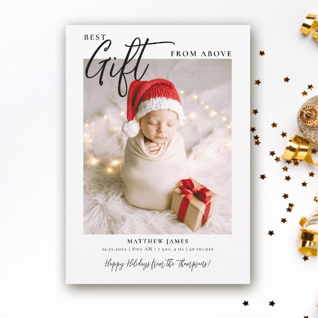 Christmas Gift Calligraphy Modern Cute Baby Photo Announcement (christmas baby announcement winter minimalist simple photo calligraphy elegant cute adorable)
