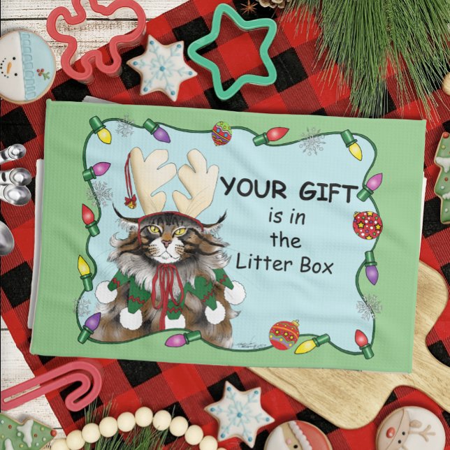 Christmas Gift Cat Green Funny Kitchen Towel (Creator Uploaded)