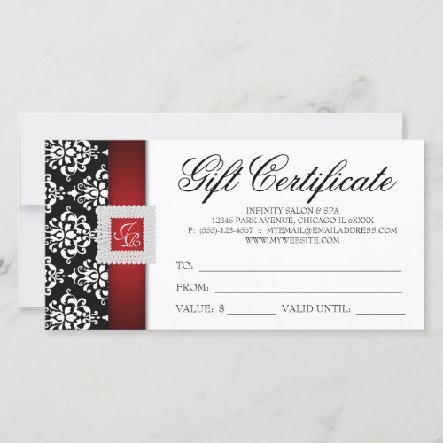 Christmas Gift Certificate Damask Black Red Holiday Card