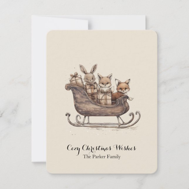 Christmas Gift Design Rustic Sleigh Woodland Anima Holiday Card (Front)