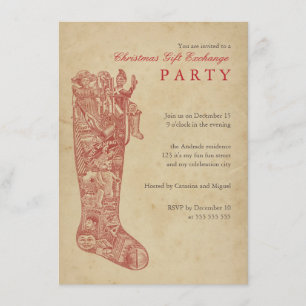 Christmas Gift Exchange Party Vintage Stocking Red Invitation