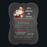 Christmas Gift Exchange Vintage Santa Chalkboard Invitation<br><div class="desc">christmas gift exchange party, vintage Santa Claus with gift/present, chalkboard style, santa red suit/hat/white beard, celebrate the season, holiday party template, red/green/beige retro colors, festive/fun/simple design, antique illustration/image/digital collage, vintage inspired/style/look/looking, fully customizable text template, green/white diagonal striped pattern. Fun gift exchange party design featuring antique illustration of Santa, in red...</div>