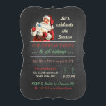 Christmas Gift Exchange Vintage Santa Chalkboard Invitation<br><div class="desc">christmas gift exchange party, vintage Santa Claus with gift/present, chalkboard style, santa red suit/hat/white beard, celebrate the season, holiday party template, red/green/beige retro colors, festive/fun/simple design, antique illustration/image/digital collage, vintage inspired/style/look/looking, fully customizable text template, green/white diagonal striped pattern. Fun gift exchange party design featuring antique illustration of Santa, in red...</div>