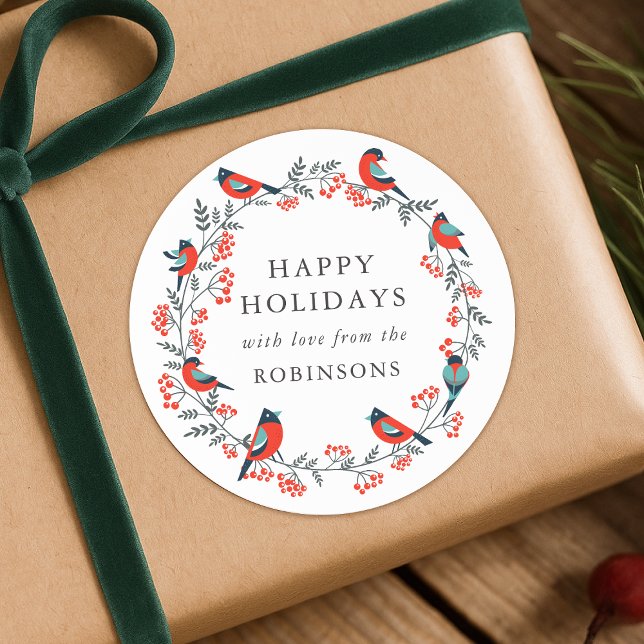 Christmas Gift Label Roll | Birds & Berries Wreath (Birds and berries wreath Christmas gift wrap personalized label stickers or envelope seals)