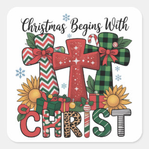 Christmas Gift Merry Xmas Plaid Religious Cross Square Sticker