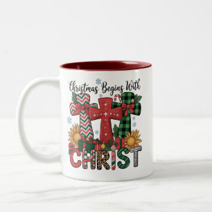 Christmas Gift Merry Xmas Plaid Religious Cross Two-Tone Coffee Mug