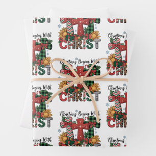 Christmas Gift Merry Xmas Plaid Religious Cross  Wrapping Paper Sheets