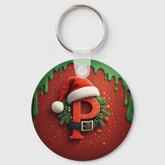 Christmas gift Monogram P with Santa Hat  Keychain (Front)