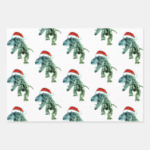 CHRISTMAS GIFT PAPER SET DINOSAURS WITH SANTA HAT