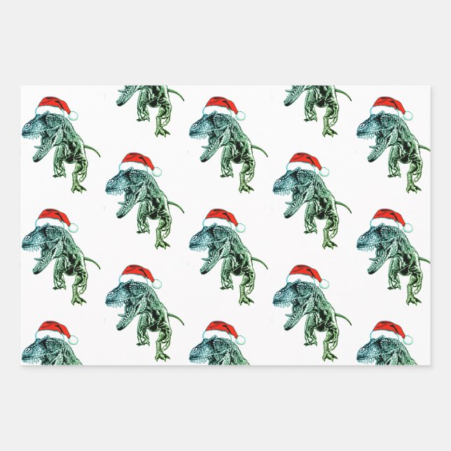 CHRISTMAS GIFT PAPER SET DINOSAURS WITH SANTA HAT (Front)