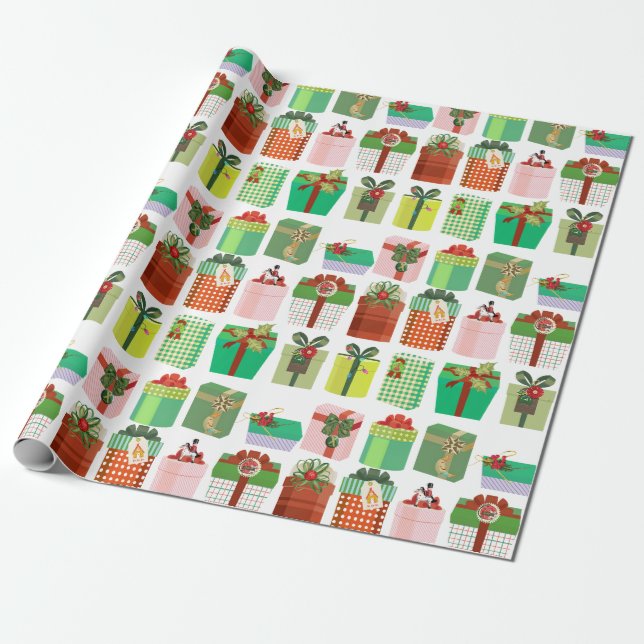 Christmas Gift Parcels Presents Pattern Wrapping Paper (Unrolled)