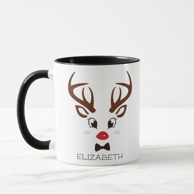 Christmas Gift Personalized Reindeer Face Black Mug (Left)