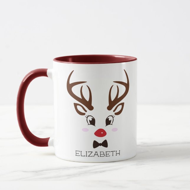 Christmas Gift Personalized Reindeer Face Maroon Mug (Left)