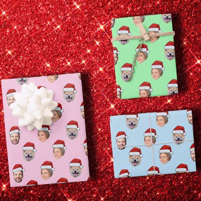 Christmas Gift Personalized Santa Hat Face 3 Photo Wrapping Paper Sheets (Creator Uploaded)