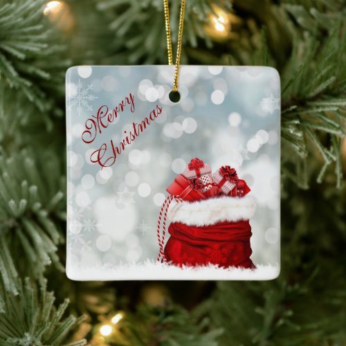 Christmas Gift Sack Silver Bokeh Lights Christmas Ceramic Ornament