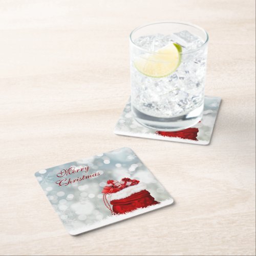 Christmas Gift Sack Silver Bokeh Lights Christmas Square Paper Coaster