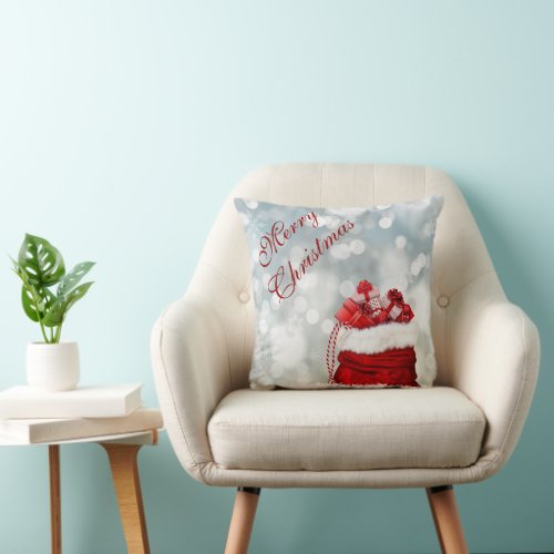 Christmas Gift Sack Silver Bokeh Lights Christmas Throw Pillow