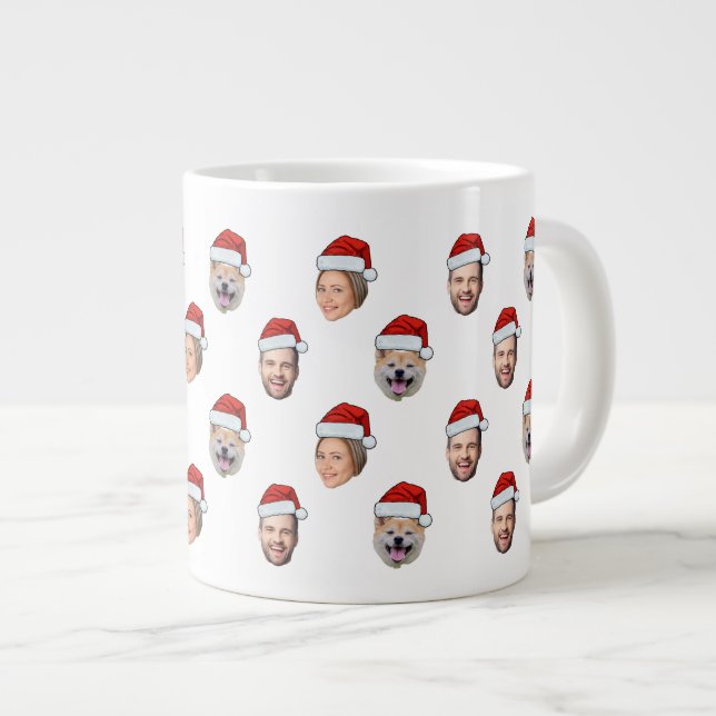 Christmas Gift Santa Hat Personalized Face 3 Photo Giant Coffee Mug (Front Right)