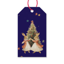 CHRISTMAS GIFT TAG DANCING BUNNIES WITH TREE